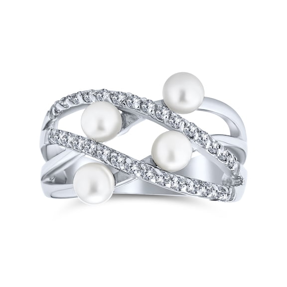 Bling Jewelry Womens Criss Cross White Faux Pearl Statement Band Cocktail Ring Sterling Silver