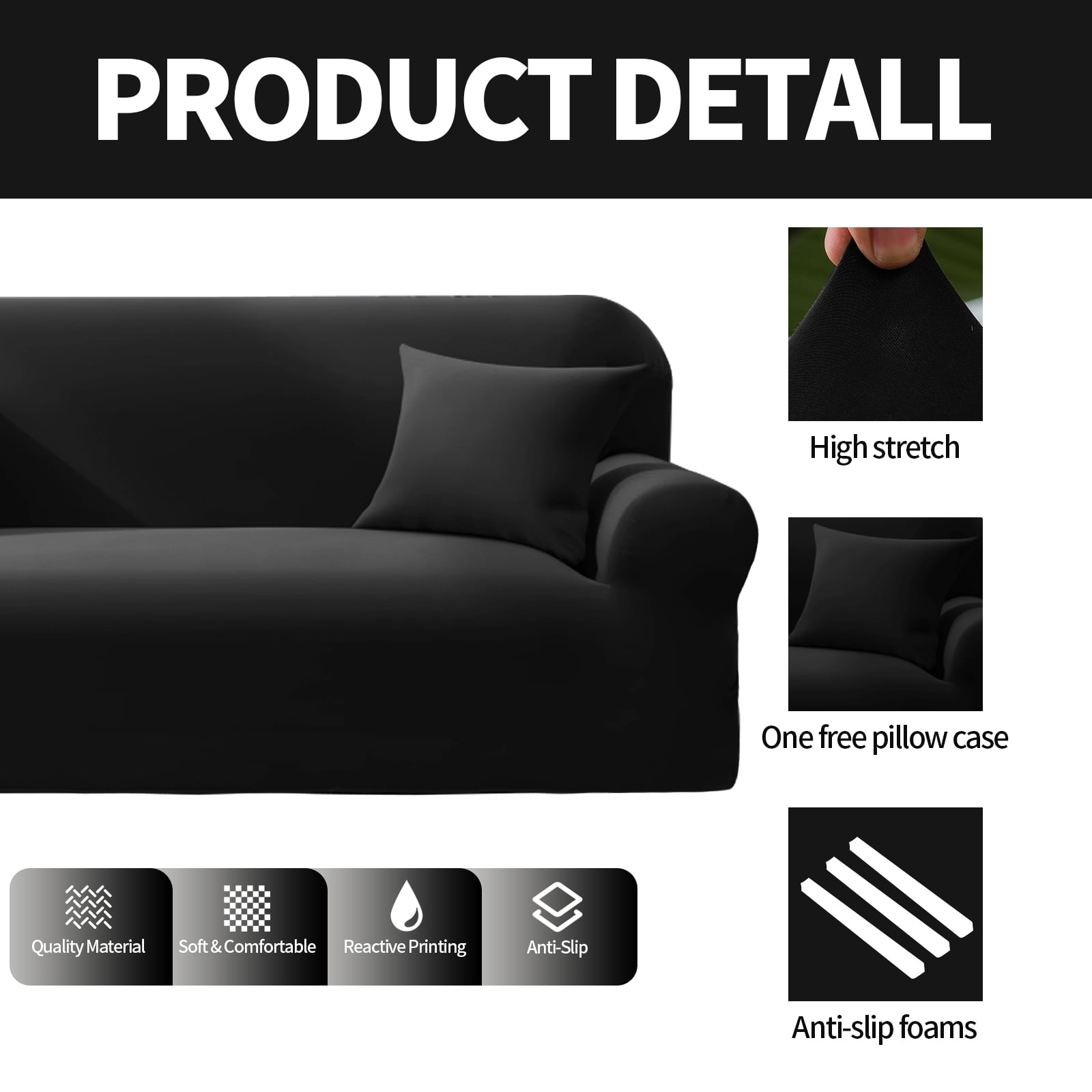 YEAHOME Stretch Sofa Slipcover with Pillow Case 1-Piece Sofa Cover Furniture Protector Couch Soft with Elastic Bottom for Kids Pet Protector Furniture Covers(Oversized Sofa, Black)