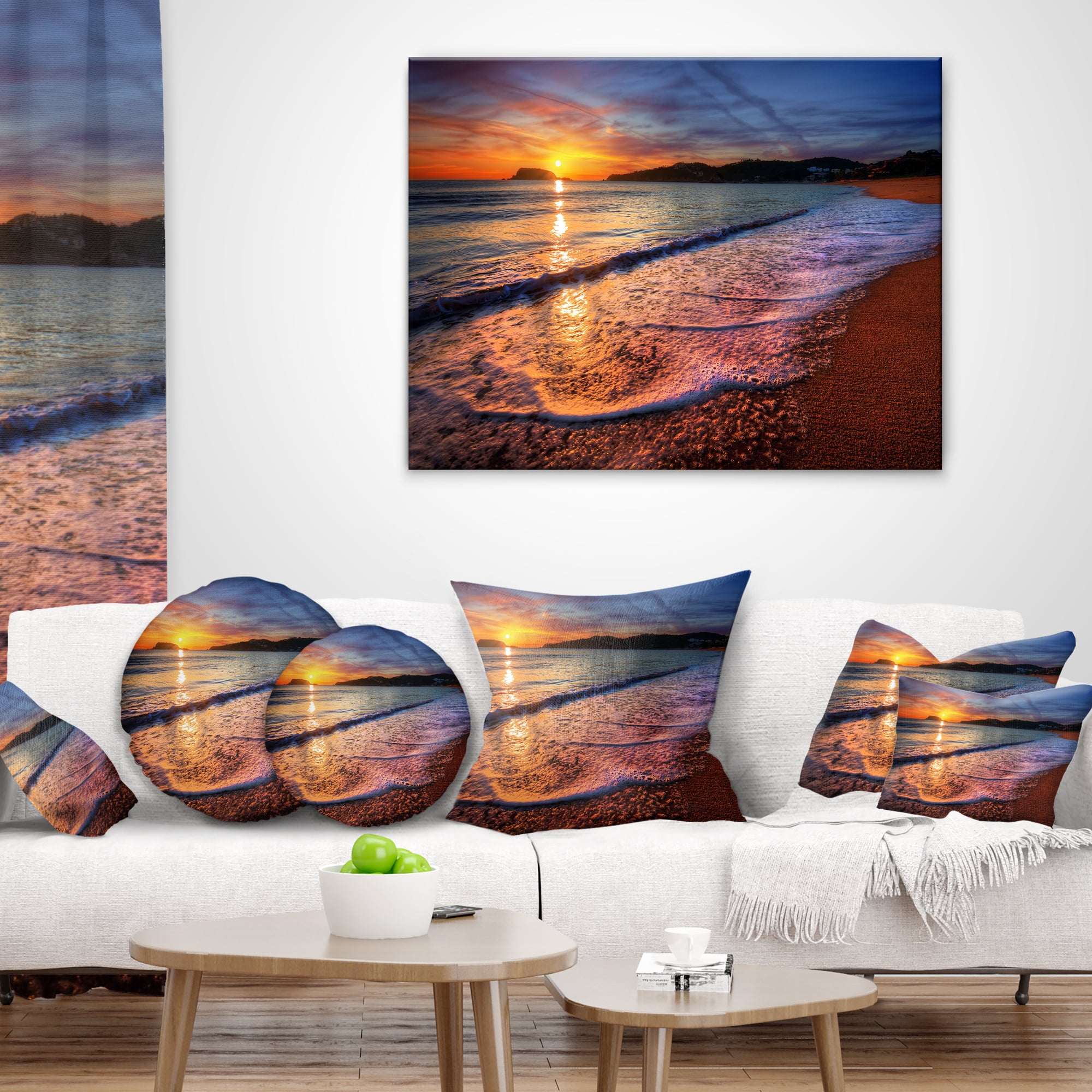 Designart Foaming Waves at Beautiful Sunset - Seashore Throw Pillow - 16x16