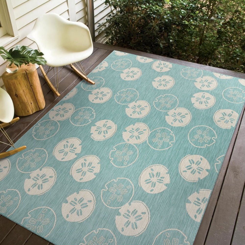 Lr Home 7' x 9' Green and White Sand Dollars Outdoor Rug