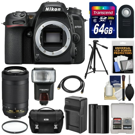 Digital Slr Camera Body Lens Nikon D7500 Wi-Fi 4K Digital SLR Camera Body with 70-300mm VR AF-P Lens + 64GB Card + Battery & Charger + Case + Tripod + Flash + Kit ()