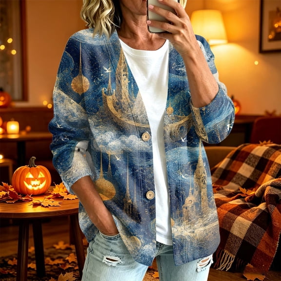 Playzo Women's Cardigan Button-Detail Long Sleeve Casual Lightweight Outerwear with Halloween Print for Spring Fall Everyday Wear and Weekend Lounging Multicolor_#11451