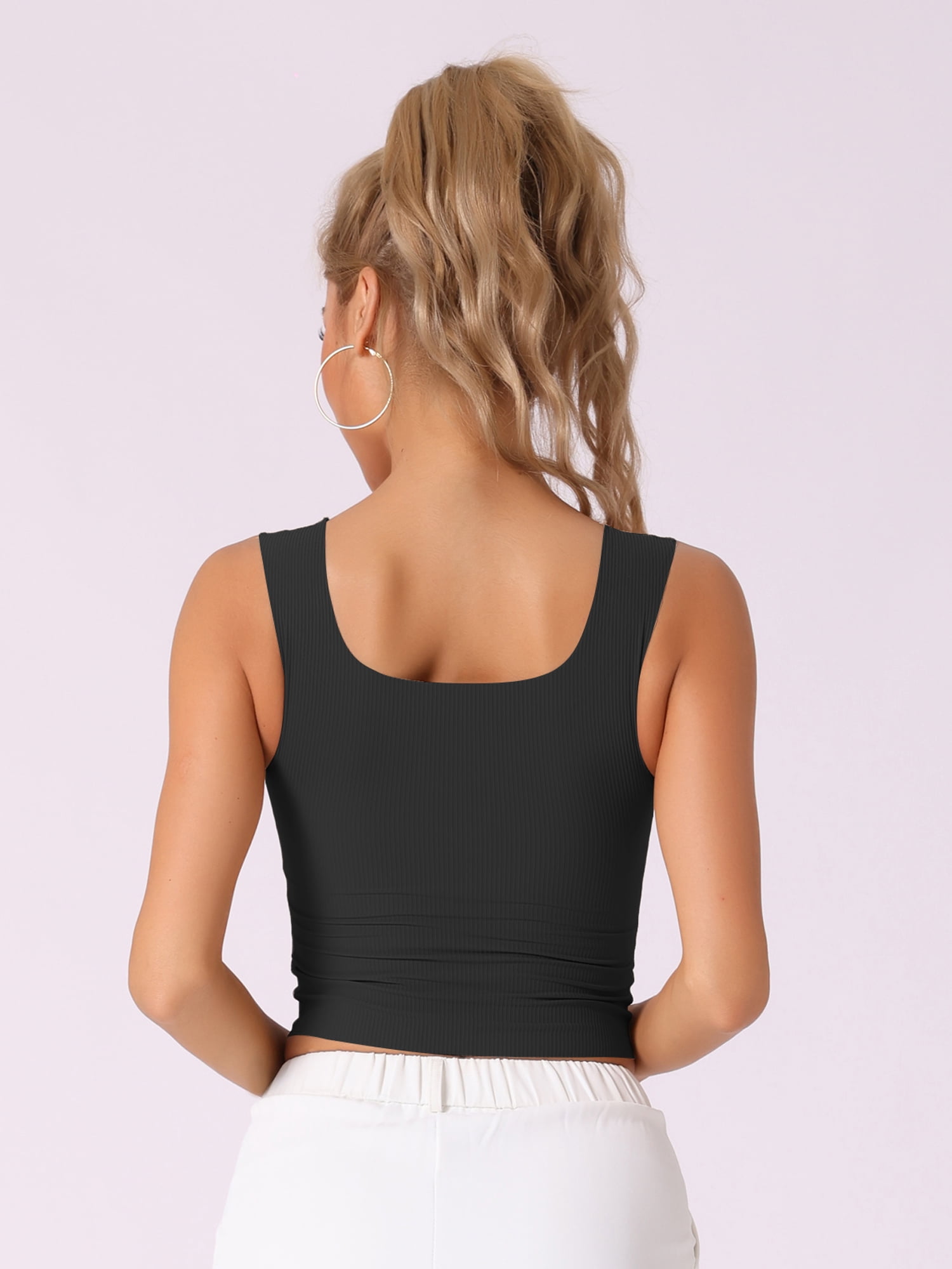 DARING DIVA Women's Square Neck Ribbed Slim Fit Tank Top Built-In Bra M Black