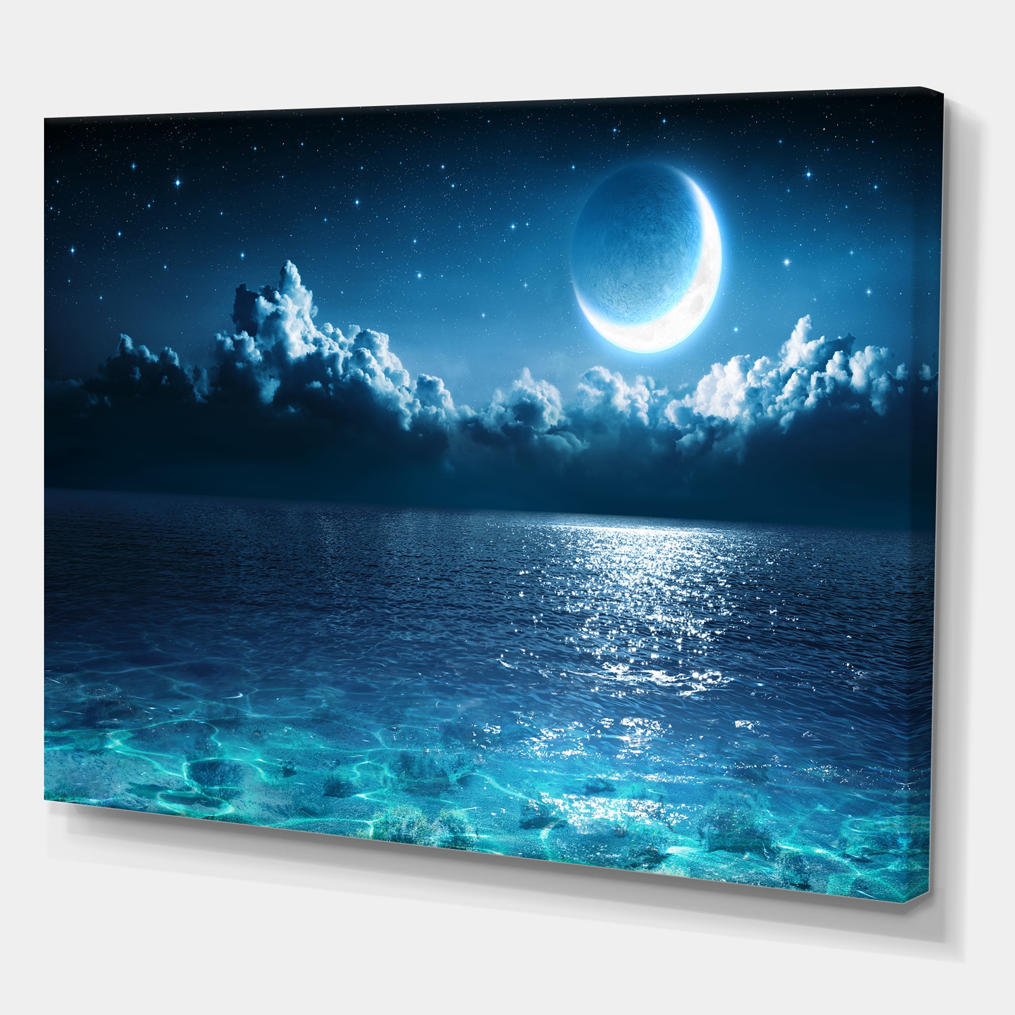Romantic Moon and Clouds Over Deep Blue Sea I 12 in x 8 in Painting Canvas Art Print, by Designart