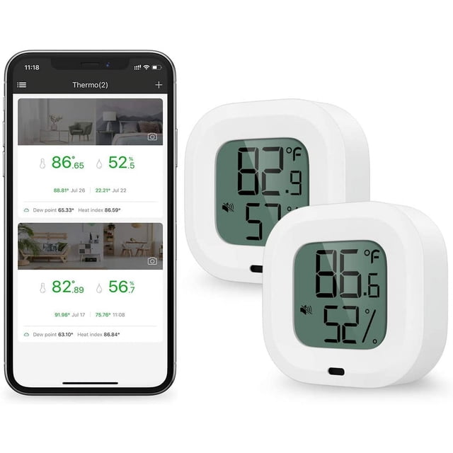 2 piezas de termómetro higrómetro Bluetooth, sensor de temperatura de humedad con exportación de datos para iOS Android, alarma, para el hogar, estuche de guitarra, sótano, regalo de Navidad