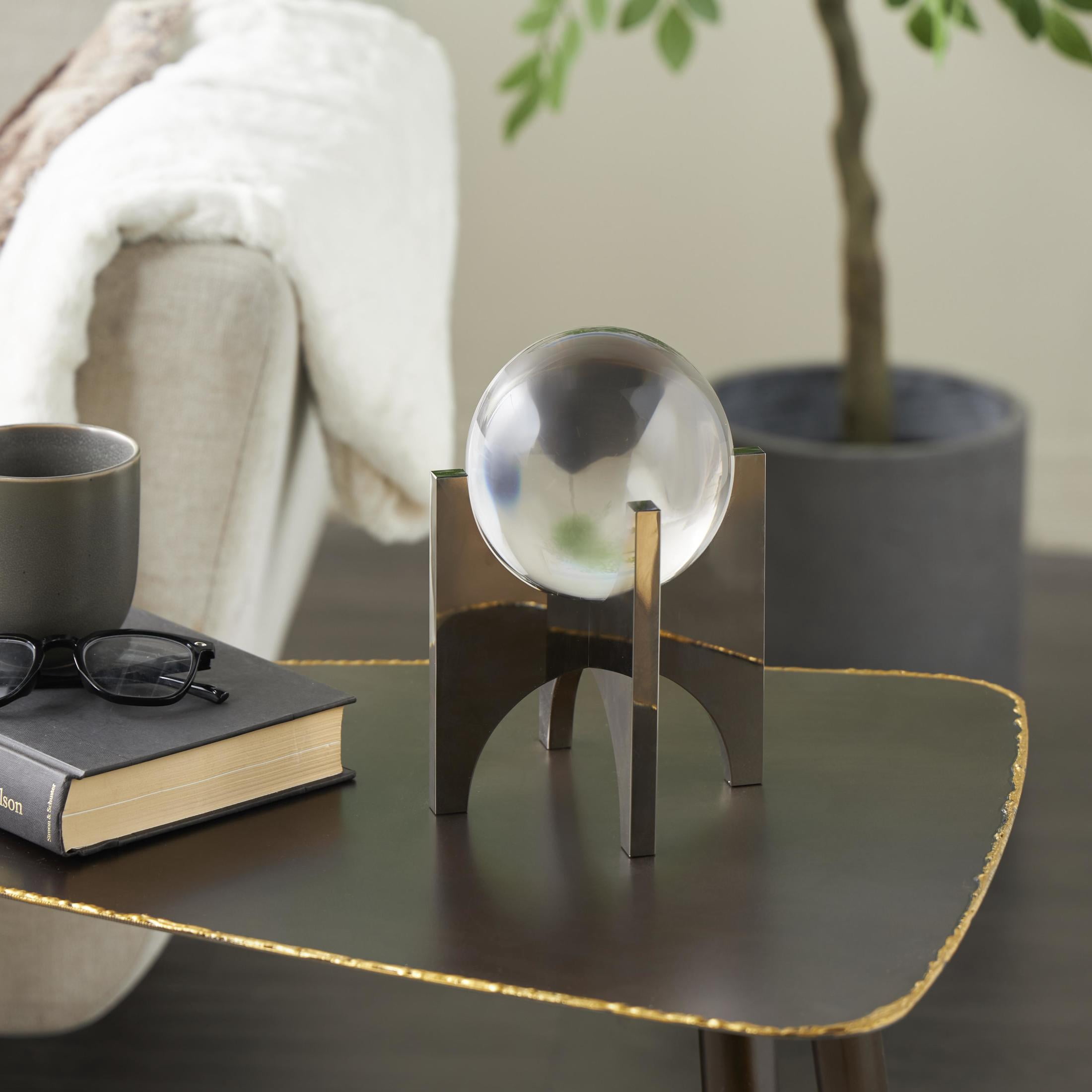 5" x 8" Silver Glass Orb Geometric Sculpture with Clear Orb and X-Shaped Holder, by DecMode