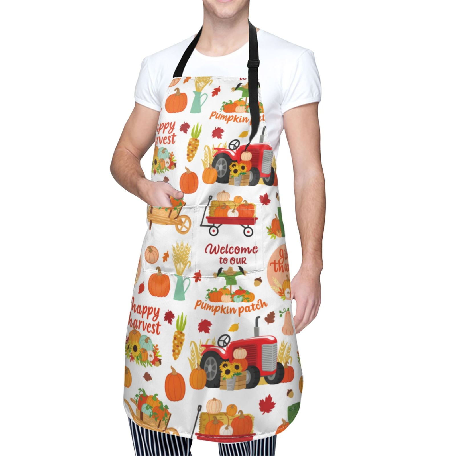 Naloa Fall Farm Pumpkin Apron Kitchen Aprons with Pockets for Women Men Chef