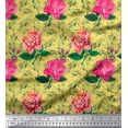thumbnail image 1 of Soimoi Tissu Popeline de Coton Jaune Imprimé Feuilles & Roses au Mètre 42 Pouces de Large, 1 of 3