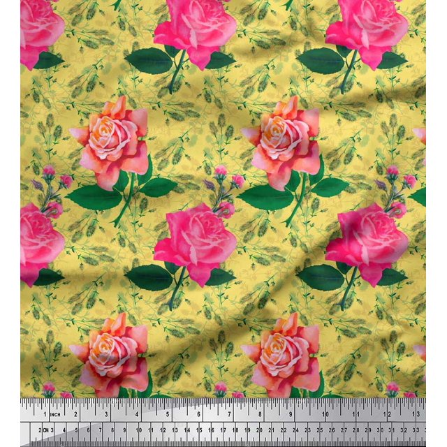 Soimoi Tissu Popeline de Coton Jaune Imprimé Feuilles & Roses au Mètre 42 Pouces de Large