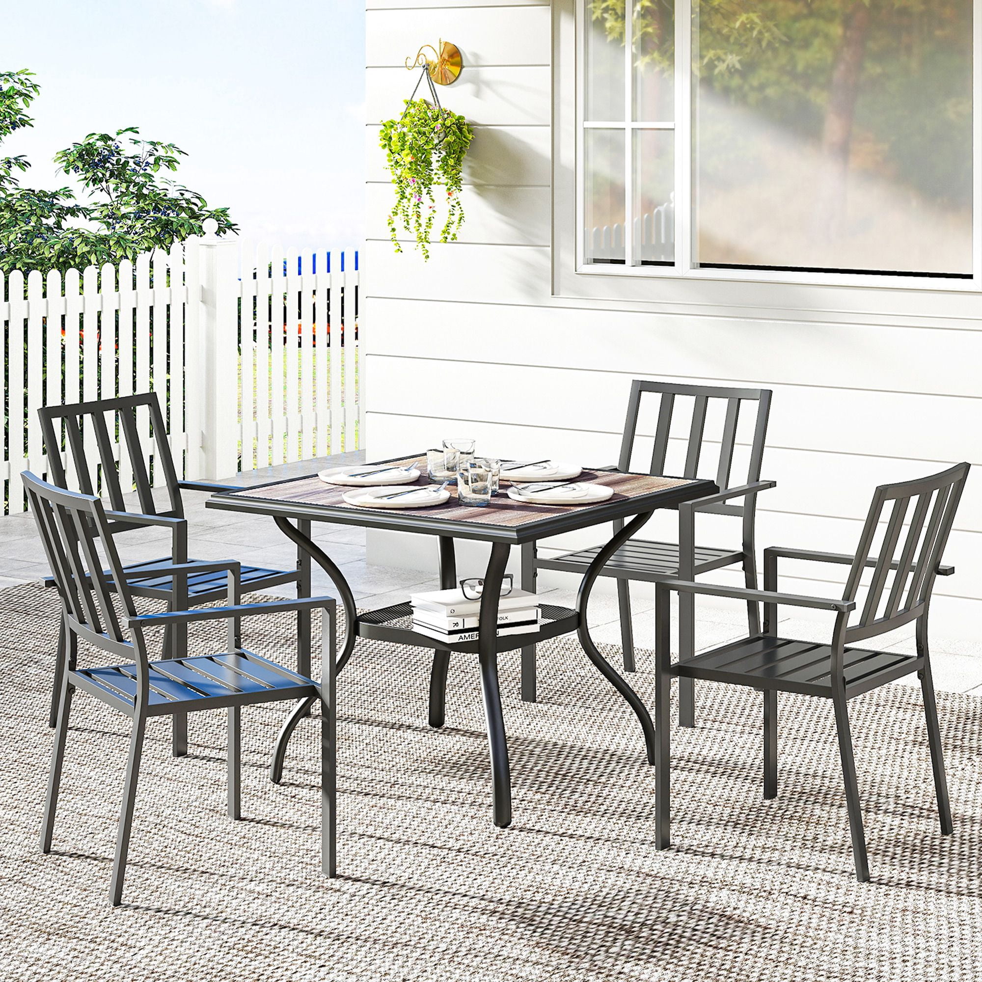37" Square Outdoor Dining Table for 4, Gray Faux Wood Top Patio Table with Umbrella Hole and Lower Mesh Shelf, Weather-Resistant Steel Frame for Garden, Backyard, and Deck