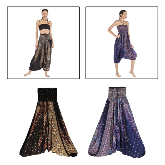Pantalón 2 piezas con cinturo ahumada, pantalón , pantalones anchos con estampado floral, pantalones , pantalón harén bai , negro negro Yinane Pantalones bombachos para mujer