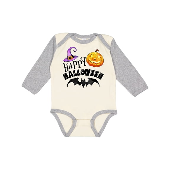 Inktastic Happy Halloween Bat, Witch Hat, Jack O Lantern Boys or Girls Long Sleeve Baby Bodysuit