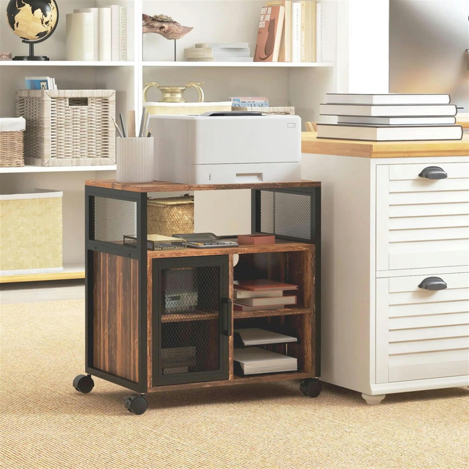 Demi Bonn Rolling Filing Cabinet with Castors, Socket and USB Charging Ports, Industrial File Cabinet for Home Office, Desk Printer Stand, Brown