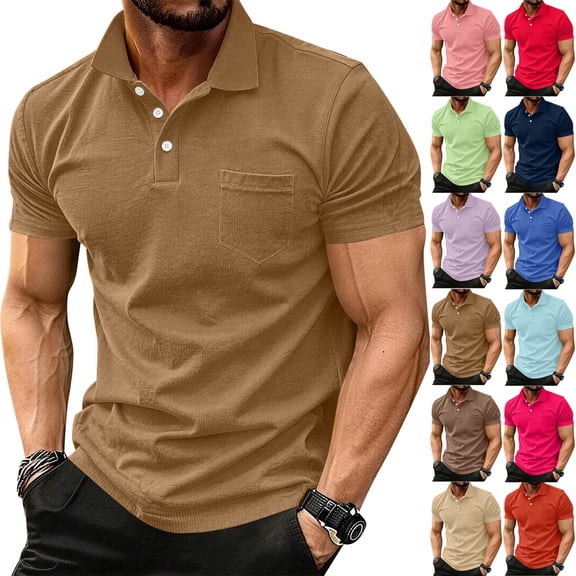 Qwertyu Mens Polo Shirts Short Sleeve Button Golf Casual Slim Fit Shirt with Pocket Spring Summer Stylish Tops Red M