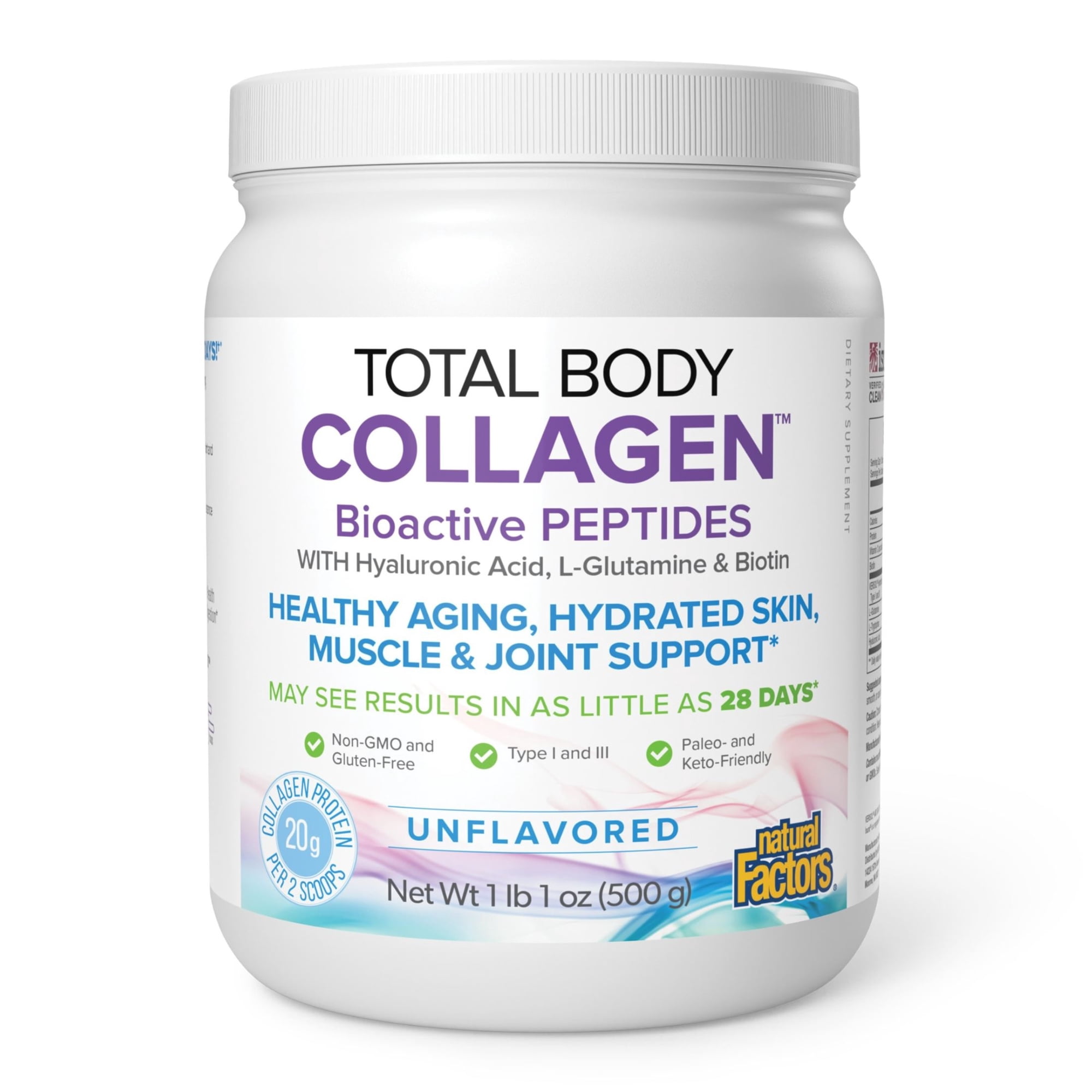 Natural Factors Total Body Collagen Bioactive Peptides Powder for Healthy Skin, Hair & Joints, Unflavored, 500 g