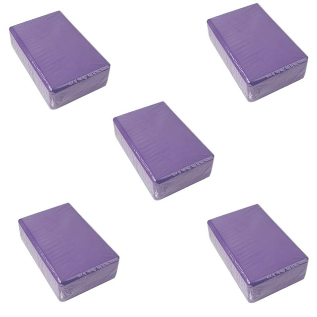 bloques de yoga, ladrillos cúbicos, esterilla de refuerzo, suministros de yoga para deportes, equipo de gimnasio para el hogar, fitness, Cinco bloques de espuma EVA púrpura en 3/4 desde arriba, rectangulares con bordes biselados y superficie antideslizante, envueltos en film transparente sobre fondo blanco; ideales para apoyo en estiramientos, mejorar estabilidad y desarrollar fuerza, y también suelen usarse para elevar soporte de postura durante viajes o clases.
