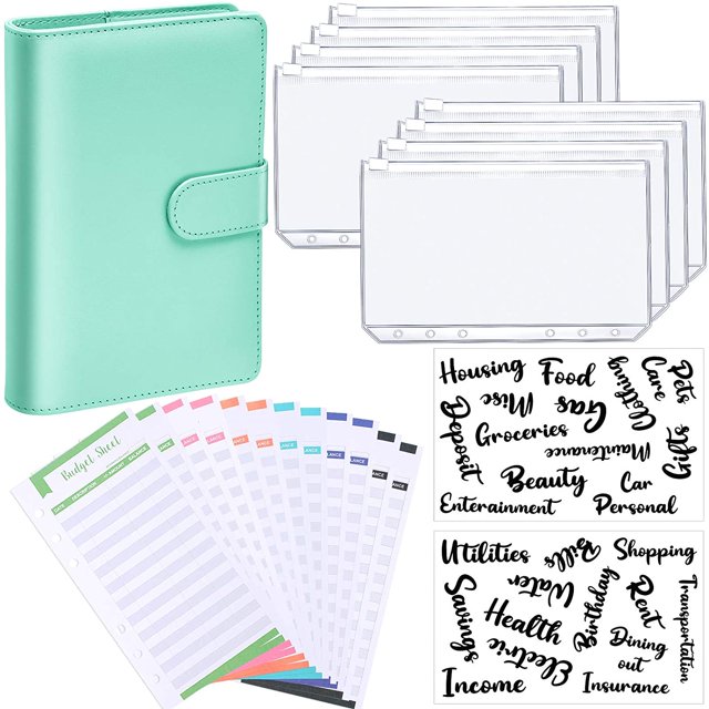 PU Leather Notebook Binder Budget Planner Organizer 6 Ring Binder Cover, 8 Pieces Binder Pockets, 12 Pieces Expense Budget Sheets and 26 Categories Letter Sticker Label (Green,Small,Cursive)
