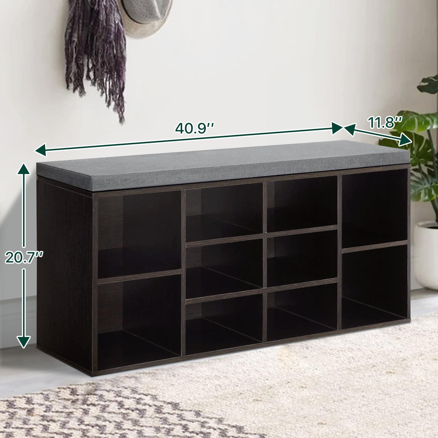 Dkelincs Shoe Bench with Shoe Storage Shoe Rack Organizer 10 Compartments Storage Bench with 1.2 inch Cushion Adjustable Shelves for Entryway,Living Room,Bedroom (Black)