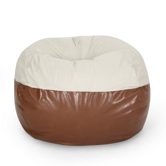 Maxi 5-Foot Two-Tone Faux Leather Bean Bag Chair - Cozy, Rounded Design for Living Room or Bedroom - Removable & Washable Beige and Brown Cover