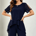 thumbnail image 3 of Morttic Women's Elegant Chiffon Solid Color 2 Piece Set – Slit Short Sleeve Top & Wide Leg Pants Daily Home & Lounge Outfit Navy Blue，S, 3 of 6