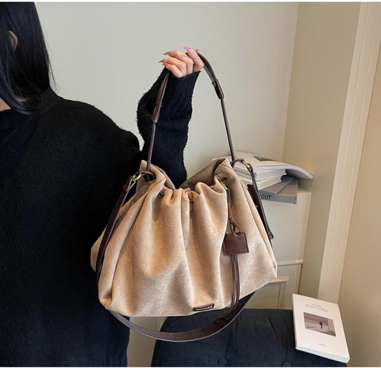 SPEKSEE Suede Bag for Woman Faux Suede Large Satchel Crossbody Tote Purse Drawstring Vintage Fall Winter Hobo Handbag