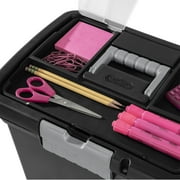 Sterilite Portable File Box, Letter-Size Plastic File Storage Box with Handle and Divided Lid Storage Compartment, Black