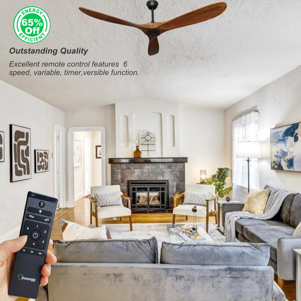 Goozegg 60 inch Ceiling Fan 3 Blades Reverse Airflow, Walnut Black