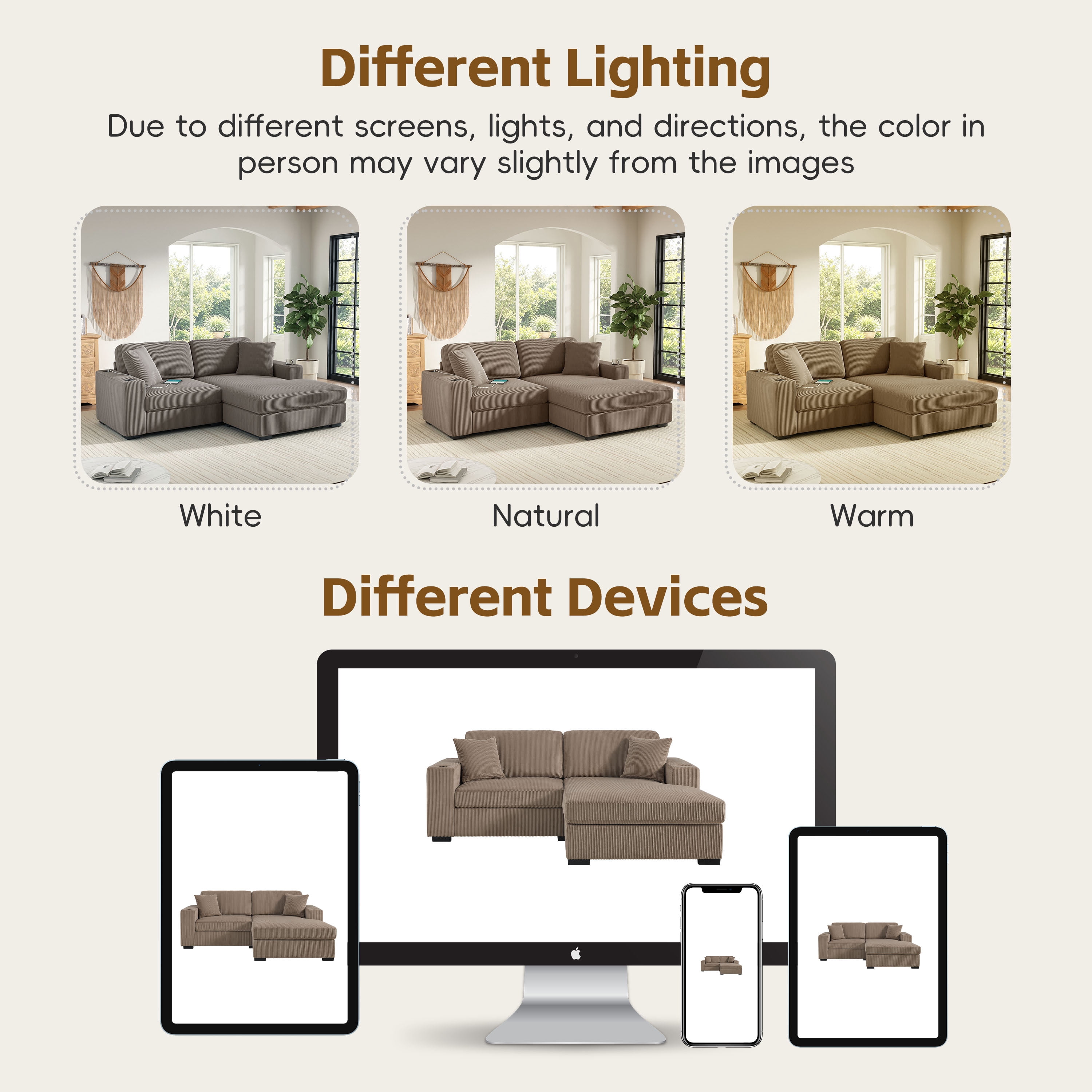 GARITIN L Shaped Sectional Sofa 86.5 Inch, Corduroy Upholstered Couch with Cup Holders and Charging Ports for Living Room, Khaki