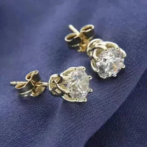 Omjewels 2Ct Round Cut Lab-Created Diamond Solitaire Stud Earrings 14K Yellow Gold Plated