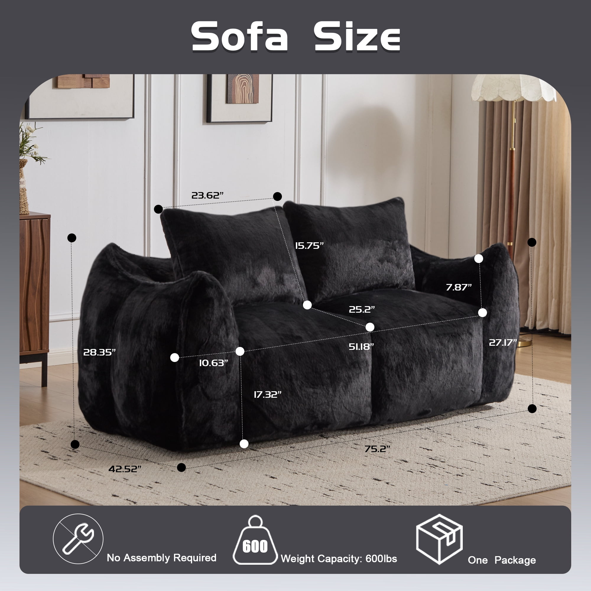 Aukfa Faux Fur Loveseat, 25" Deep Seat Giant Bean Bag Sofa for Living Room, Black