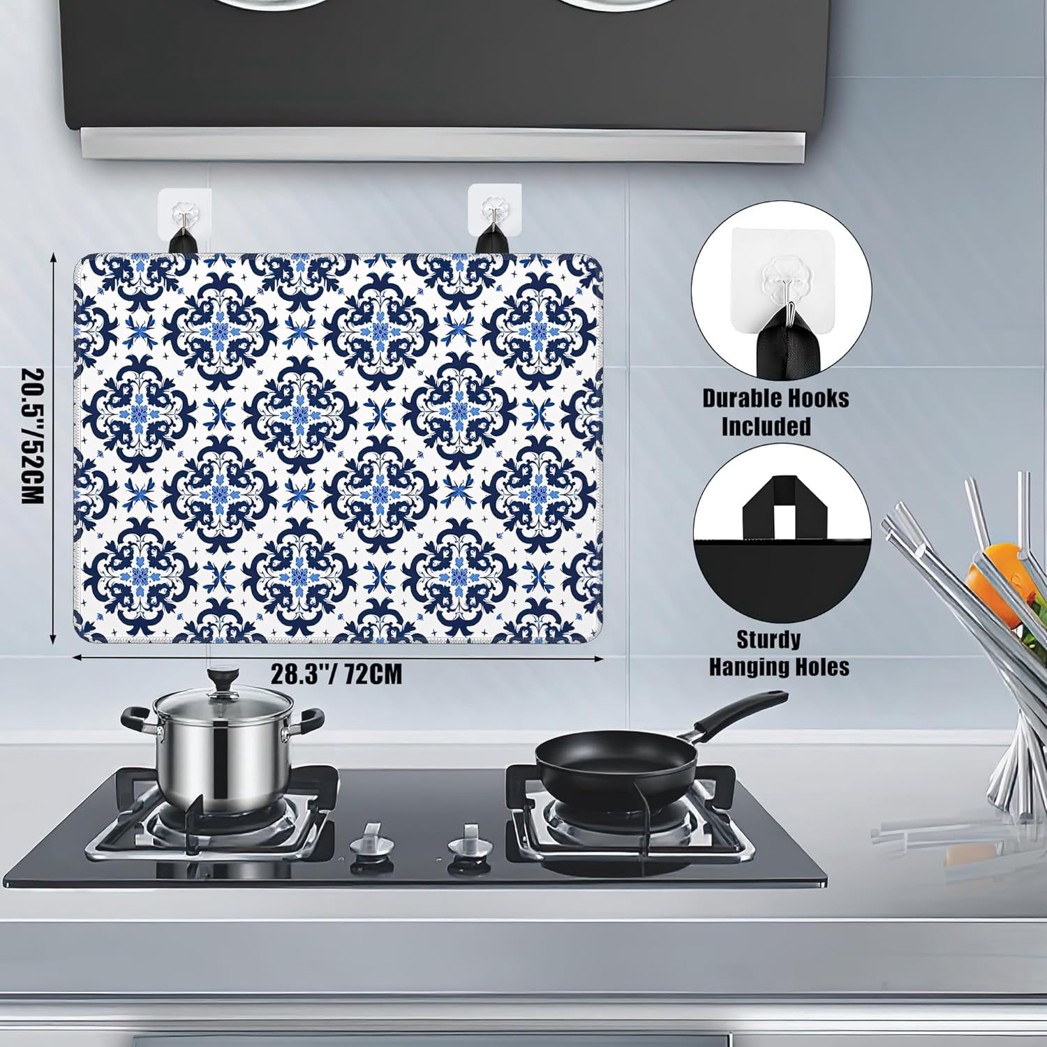 Stove Top Covers for Electric Stove,Blue Tile Flat Top Stove Cover,Modern Geometric Heat Resistant Glass Top Stove Cover Protector Anti-Slip Range Covers, 28 x 20 Inch