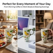 Topadorn Vintage Goldfinch Botanical Ceramic Travel Mug, 17oz, Bird & Floral Print, Spill-Resistant Lid, Microwave & Dishwasher Safe, Gift Boxed