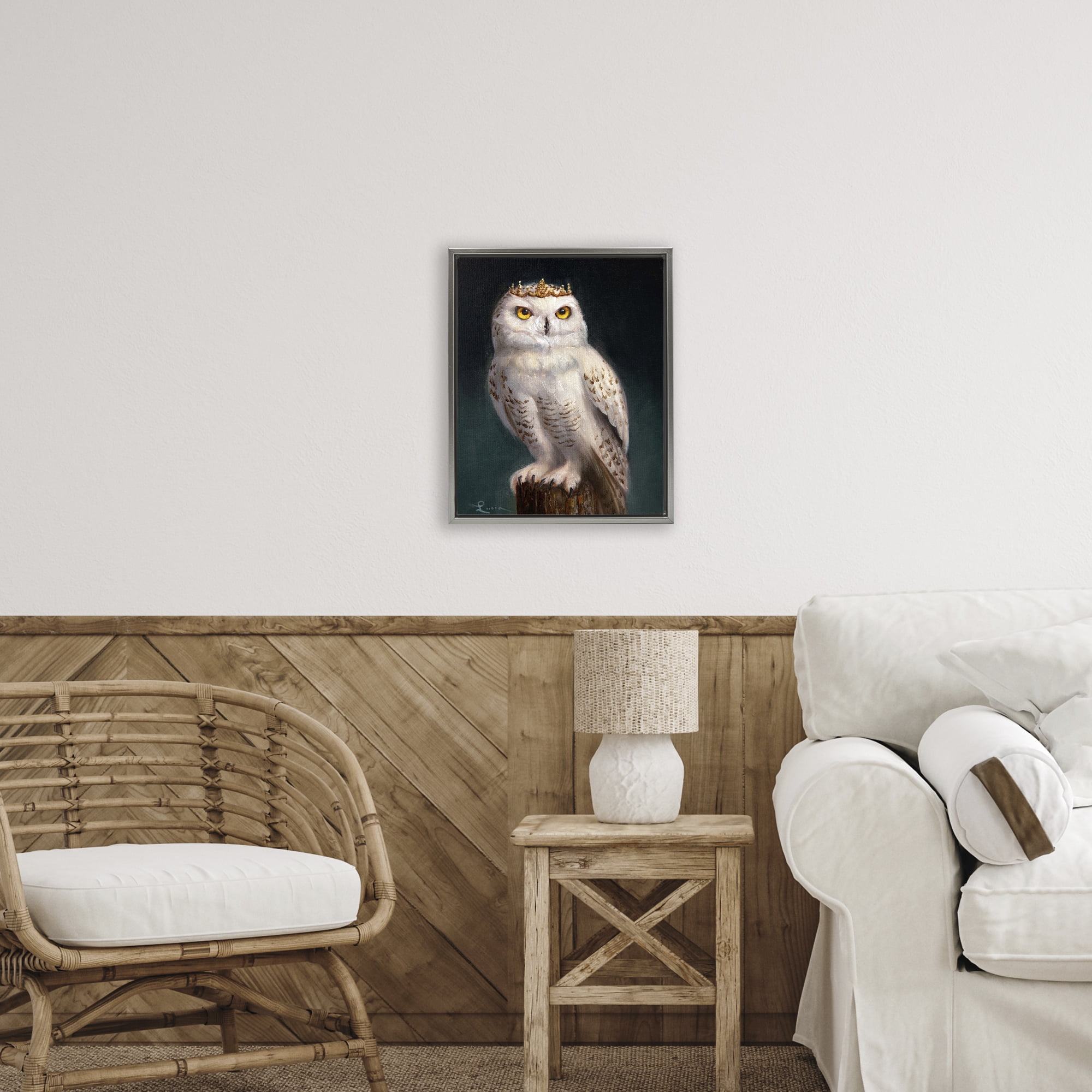 Snowy Owl King Gray Framed Floater Canvas Wall Art, design by Lucia Heffernan