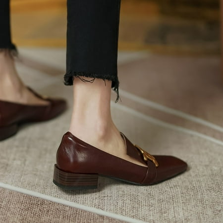 

Toyella Female Square Toe Low Heel Retro Brown Leather Shoes Brown 40