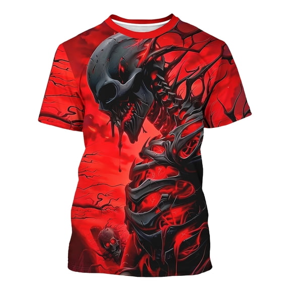 Men's 3D Skull Print Pattern T-Shirt - Creative Red and Black Design with Detail, Casual Polyester Crew Neck Short Sleeve T-Shirt, Pullover Style