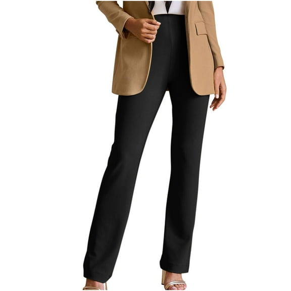 ZHYou No Boundaries Women Pull On Straight Leg Dress Pants,High Waisted Slacks with Pockets Belt Loops for Business Casual Wear ,Black,Size L