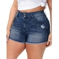 thumbnail image 2 of Gocolloa Women Plus Size Jean Shorts Sexy Stretchy High Waisted Frayed Raw Hem Denim Shorts Deep Blue 22W, 2 of 4