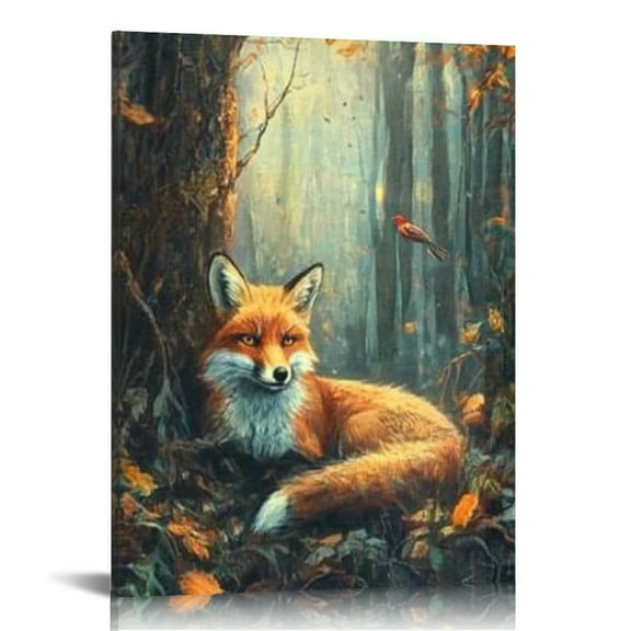 Autua Red Fox Bird Forest Wall Art Canvas Home Office Decor 12x16 in