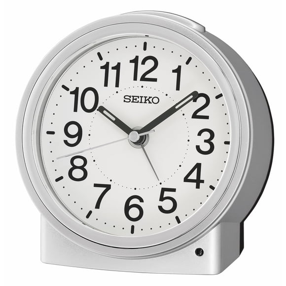 Seiko QHE199SLH Round Classic Non Ticking Bedroom Alarm Clock, Silver, 4.6 x 4.7 Inches