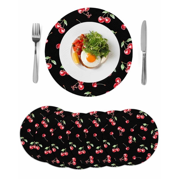 Cherry Rustic Round 13 Inch Placemats Set of 6, Spring Summer Tropic Fruit Black HeatResistant Non Slip Place Mats for Dining Table, Wipeable Braided Kitchen Table Mats for Housewarming
