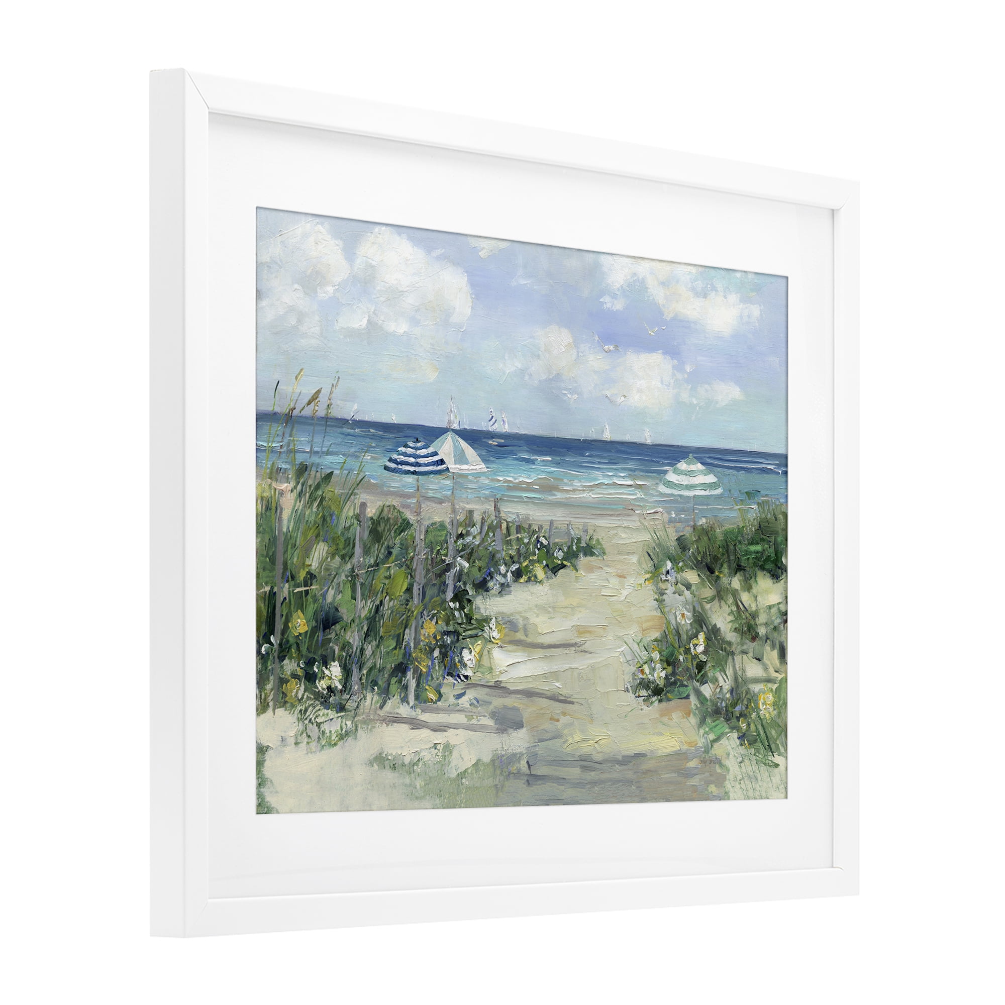 Stupell Industries Seaside Path To Striped Umbrellas White Framed Print Under Glass, design by Sally Swatland