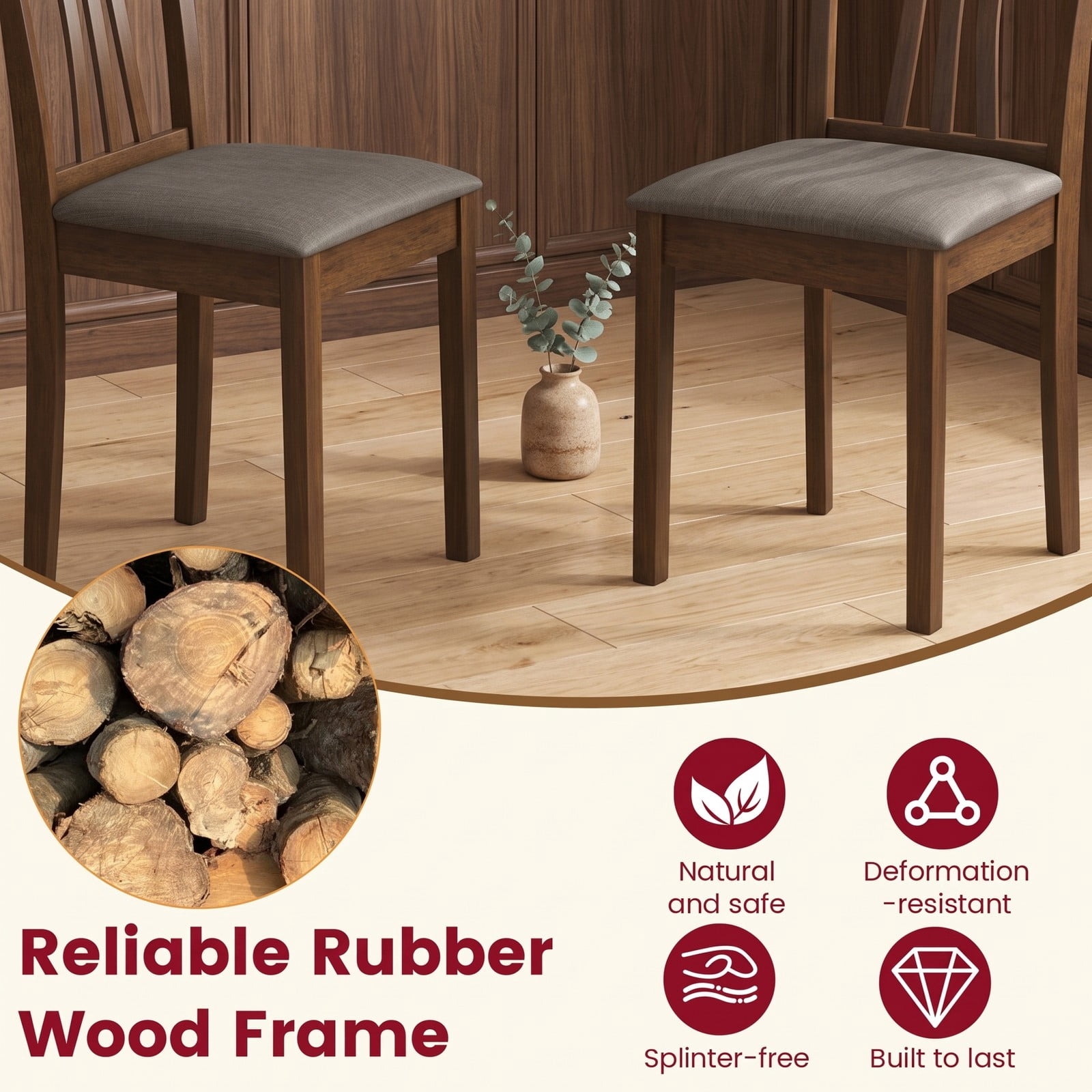 Furnibear Wooden Dining Chairs Set of 2, Linen Fabric Upholstered Kitchen Side Chairs with Rubber Wood Frame, Ergonomic Slatted Backrest, Padded Seat for Dining, Brown