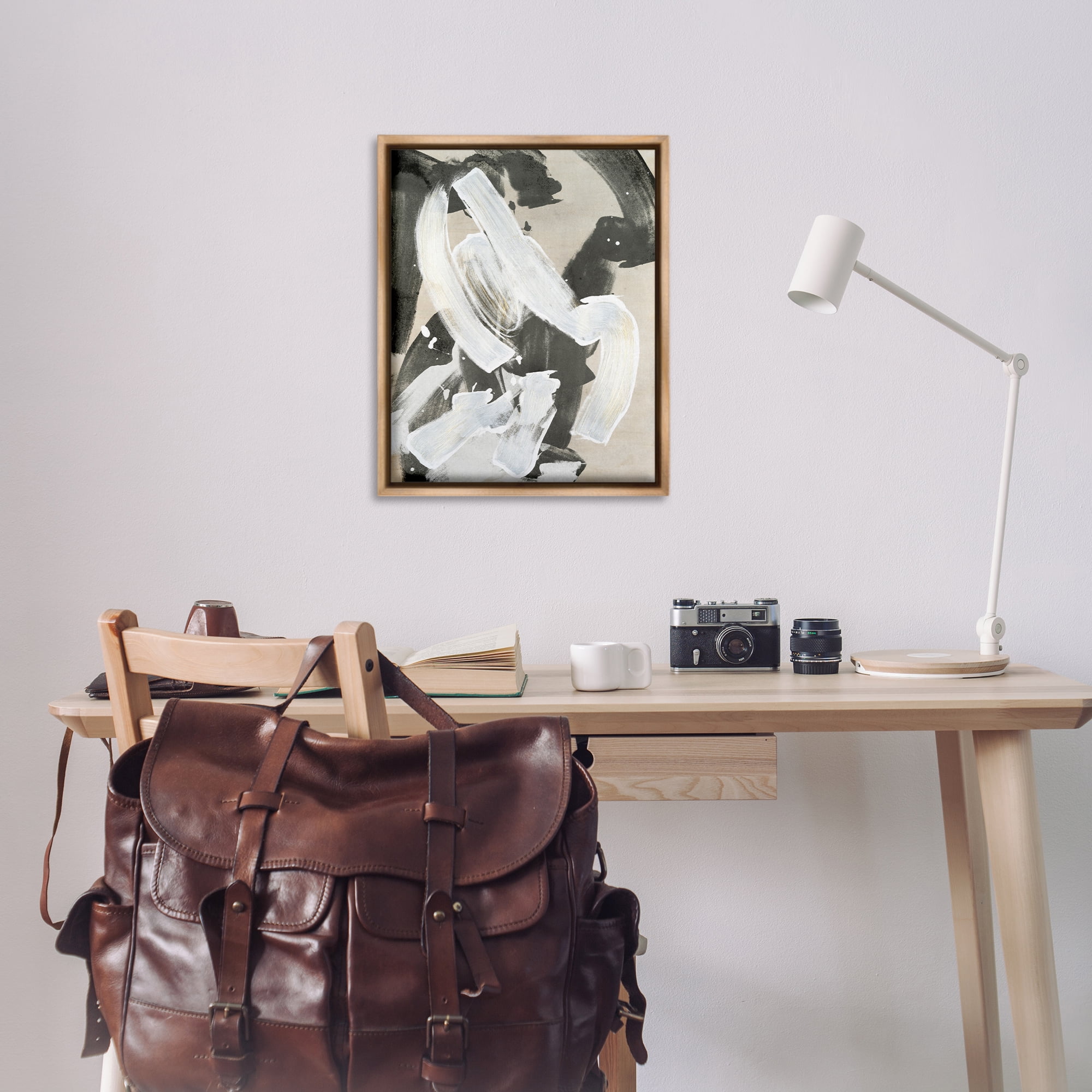 Stupell Industries Chaotic White Paint Streak Abstract Painting Brown Floater Framed Canvas Art Print Wall Art, 25 x 31
