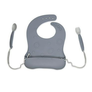Busy Baby Silicone Toddler and Baby Bib with Food Catcher, Utensils and Utensil Straps, Unisex, Pewter