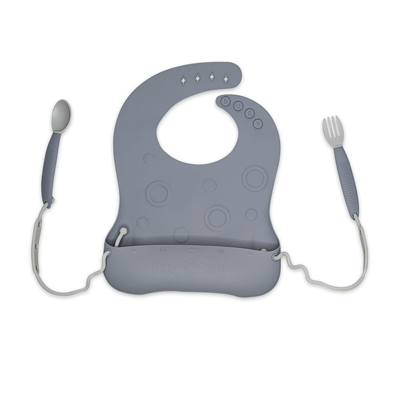 Busy Baby Silicone Feeding Bib with Utensils, Pewter photo 1