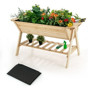 Gymax 59'' x 31'' x 32.5'' Raised Garden Bed w/ Shelf Wood Elevated Planter Box w/ Liner