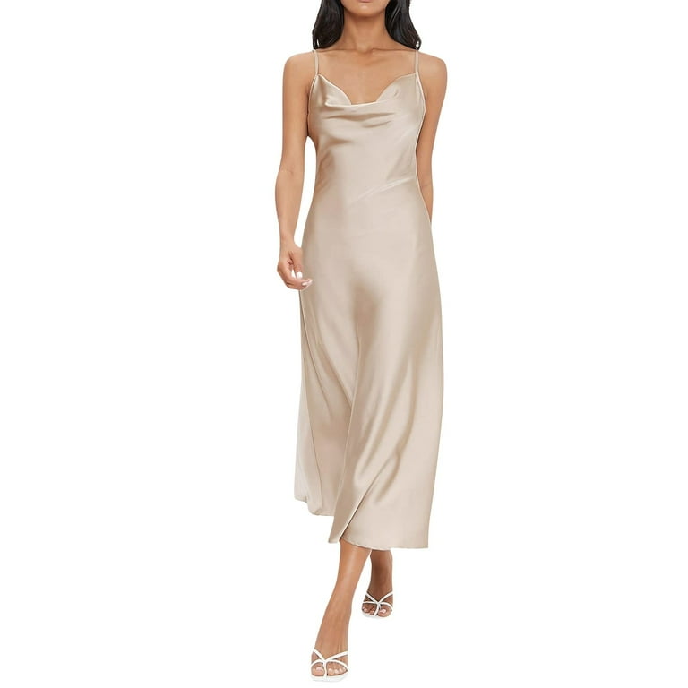 Jzuxvd Women's Spaghetti Strap Cowl Neck Long Slip Satin Silk Midi