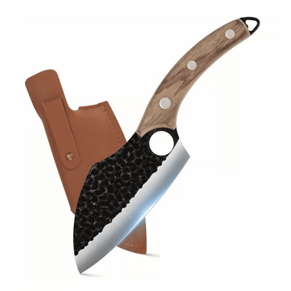 Cuchillo Chef De Cocina Forjado A Mano Con Funda De Cuero Negro Carbón