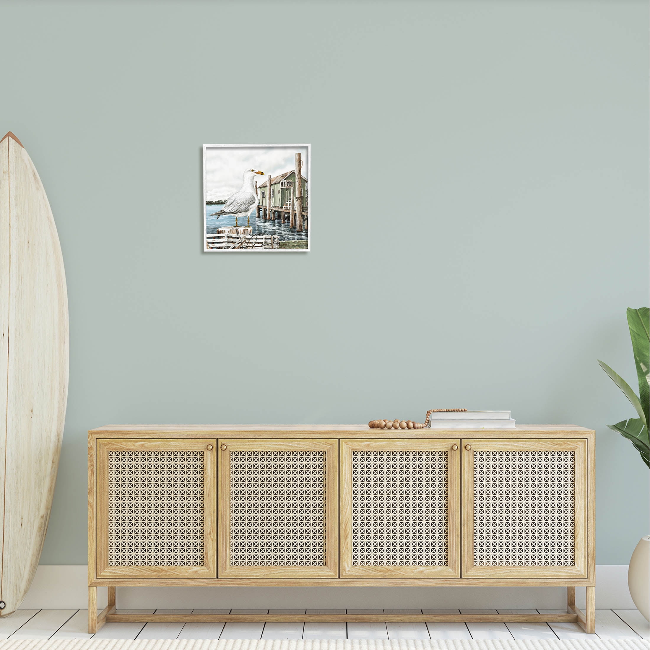 Coastal Seagull Perched Dock Marina Animals & Insects Painting White Framed Art Print Wall Art
