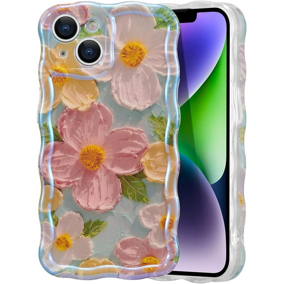 Case for iPhone 14/pro/max,Colorful Retro Oil Painting Printed Flower Laser Beam Glossy Pattern Cute Curly Waves Border Exquisite Phone Cover Stylish Durable TPU Protective Case for Girls Women